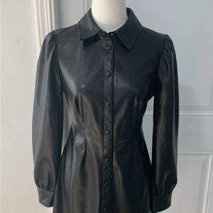 7 For All Mankind Black Faux Leather Puff Sleeve Button Down Dress